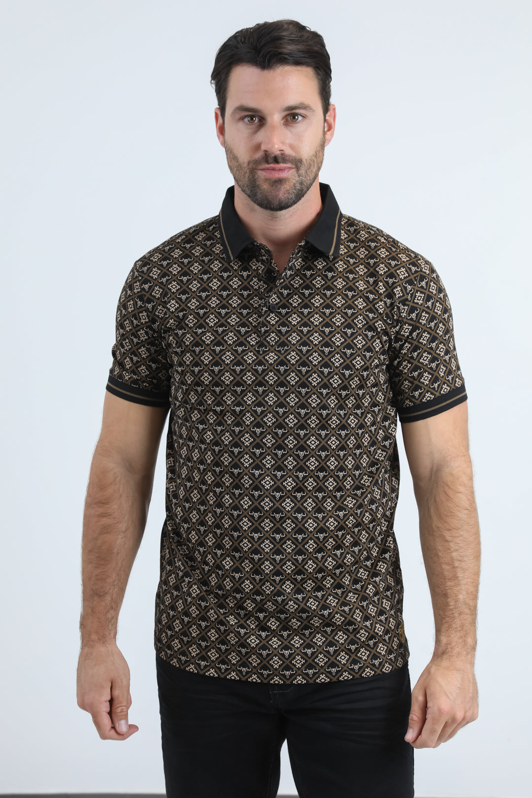 Mens Modern Fit Stretch Cotton Black Polo with Aztec Print
