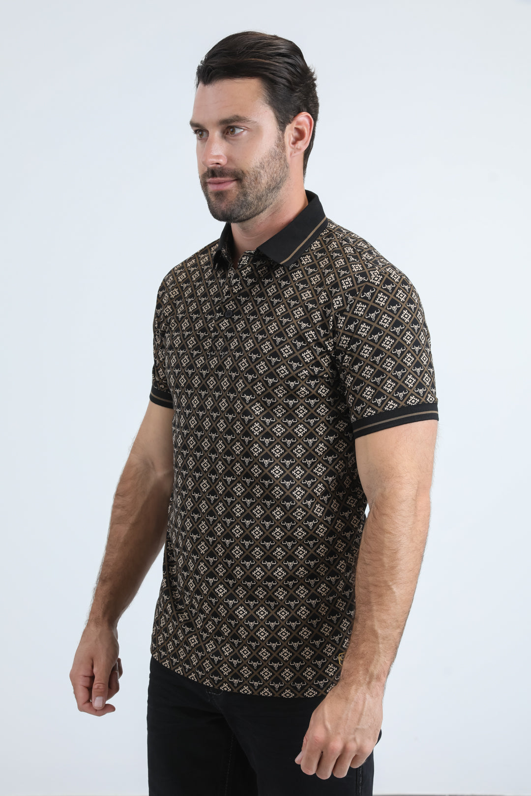 Mens Modern Fit Stretch Cotton Black Polo with Aztec Print