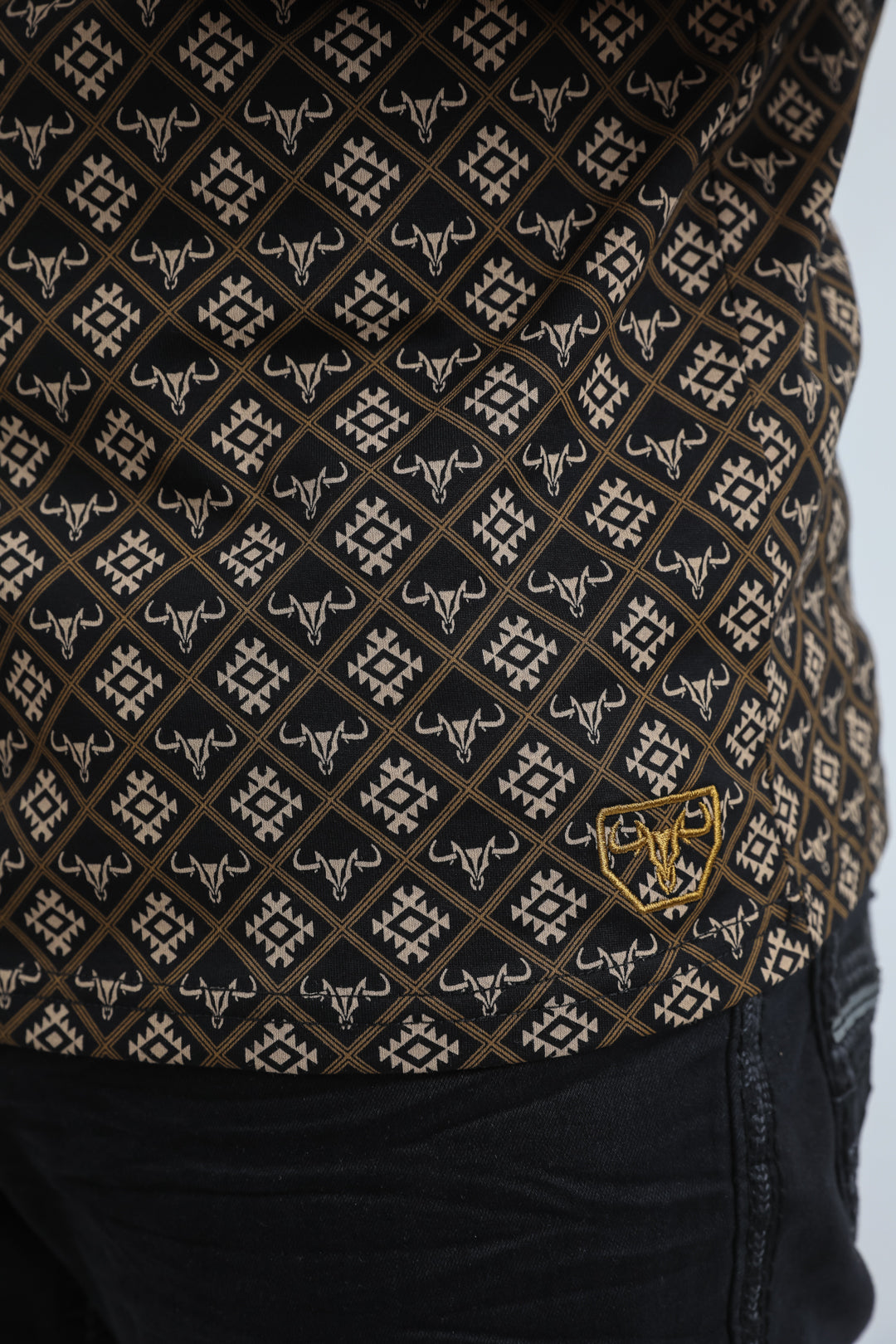 Mens Modern Fit Stretch Cotton Black Polo with Aztec Print