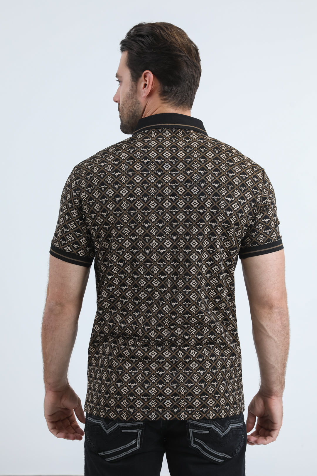 Mens Modern Fit Stretch Cotton Black Polo with Aztec Print