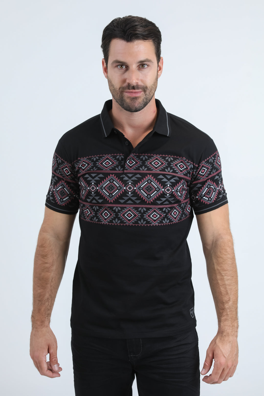Mens Modern Fit Stretch Cotton Black Polo with Aztec Print