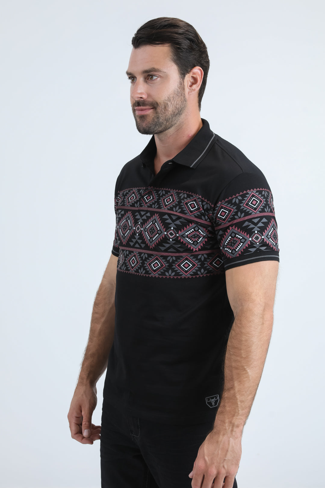Mens Modern Fit Stretch Cotton Black Polo with Aztec Print