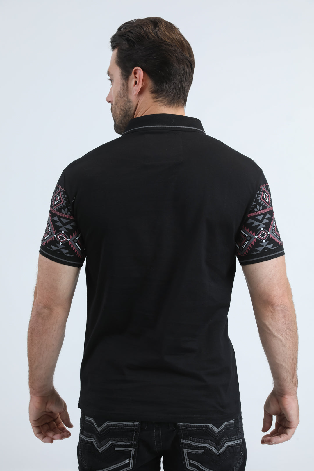 Mens Modern Fit Stretch Cotton Black Polo with Aztec Print