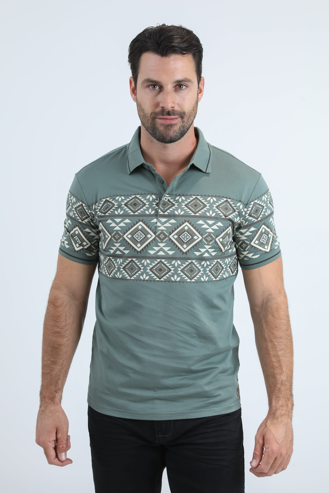 Mens Modern Fit Stretch Cotton Blue Polo with Aztec Print