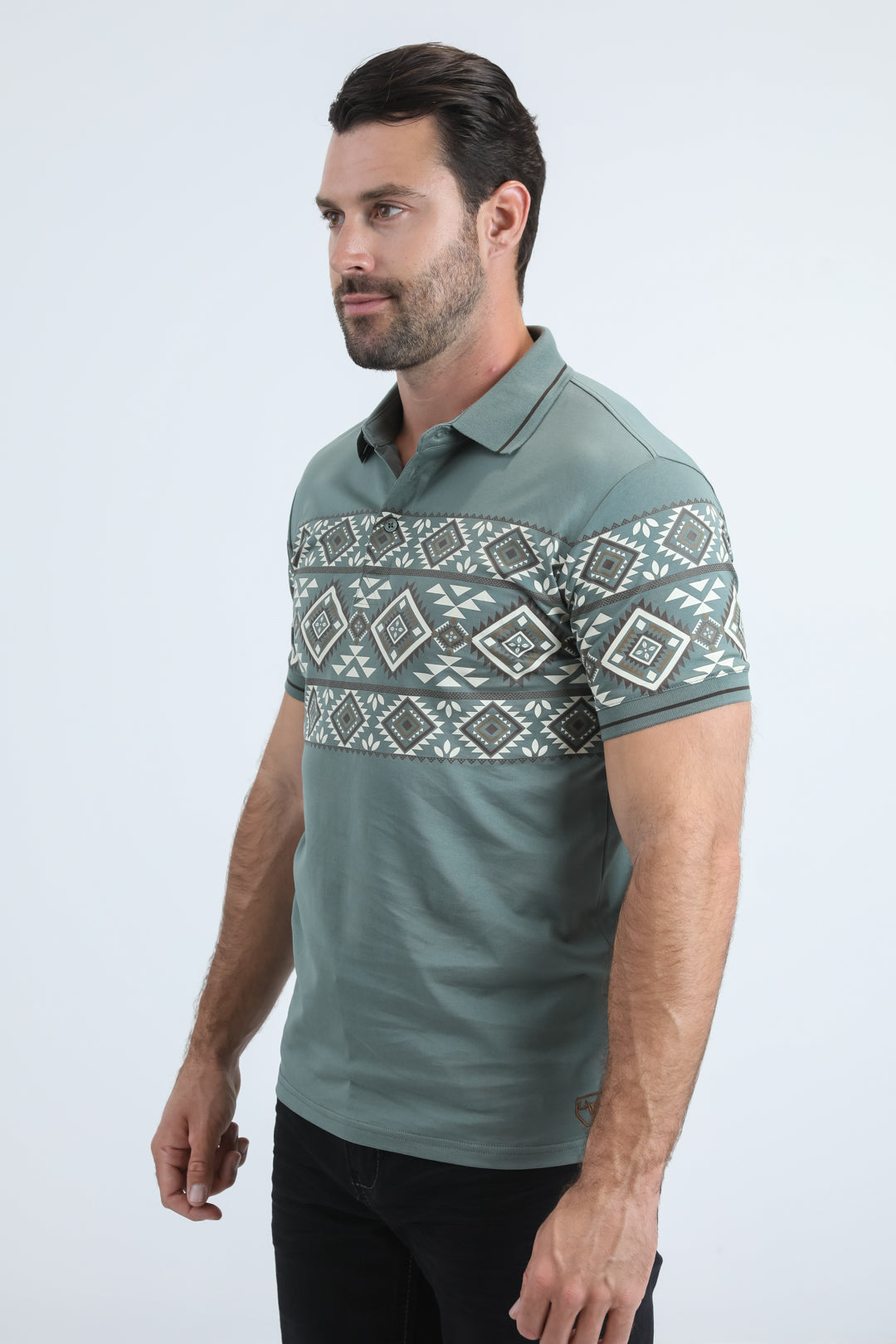 Mens Modern Fit Stretch Cotton Blue Polo with Aztec Print