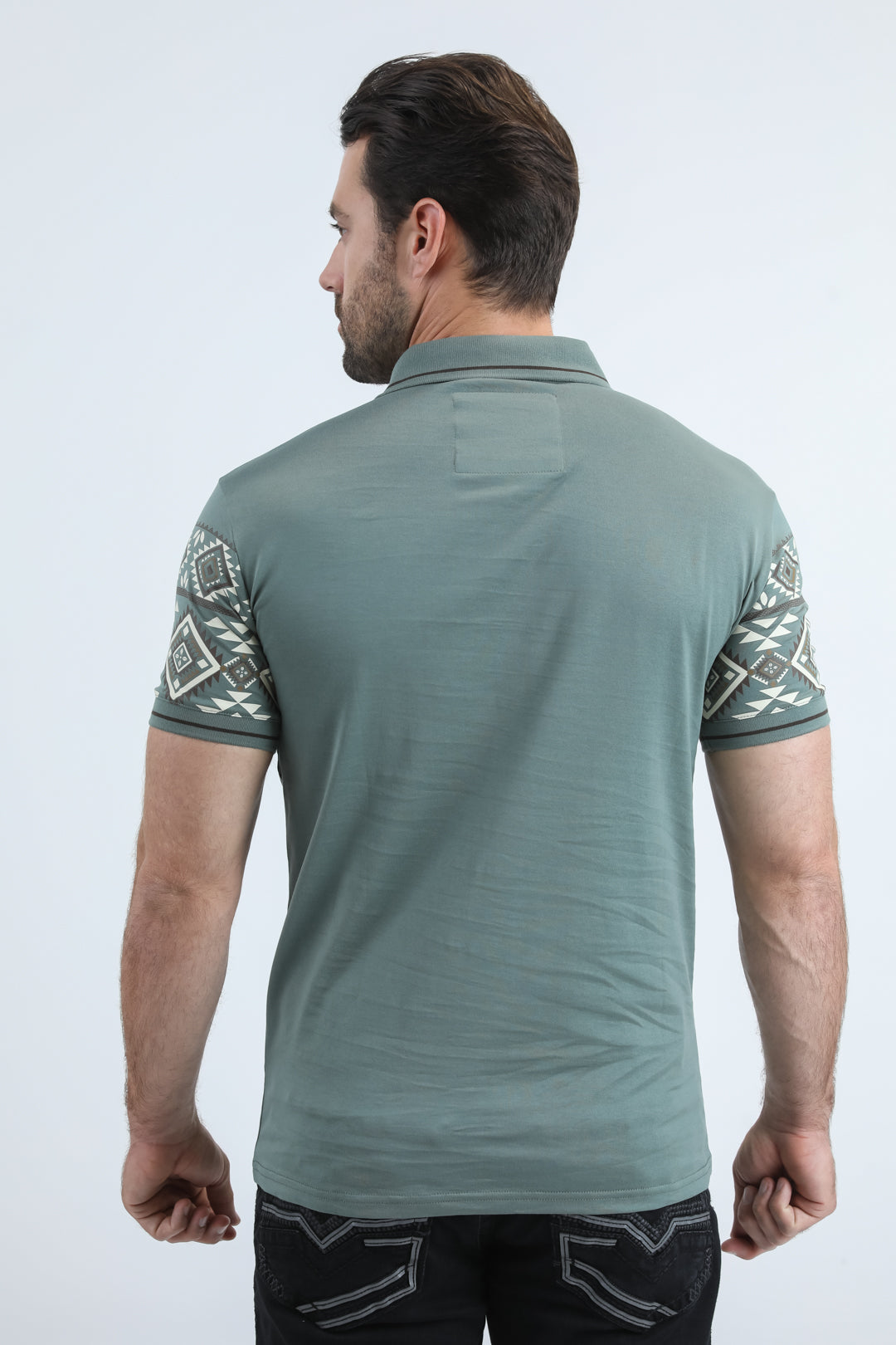 Mens Modern Fit Stretch Cotton Blue Polo with Aztec Print