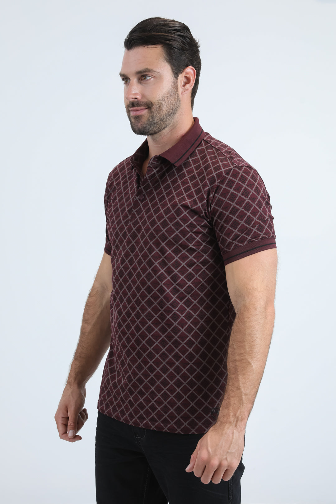 Mens Modern Fit Stretch Cotton Burgundy Polo with Aztec Print