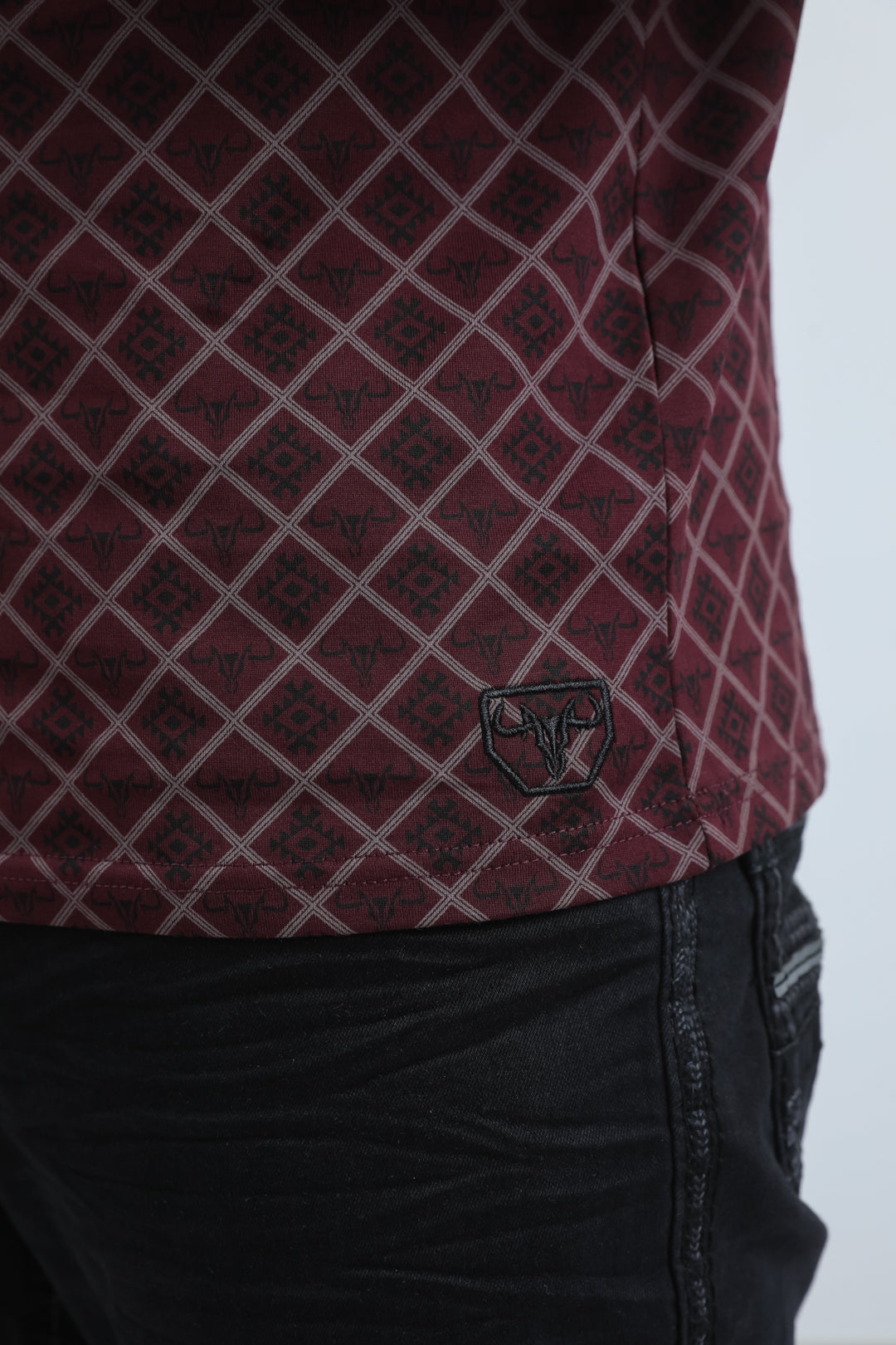 Mens Modern Fit Stretch Cotton Burgundy Polo with Aztec Print
