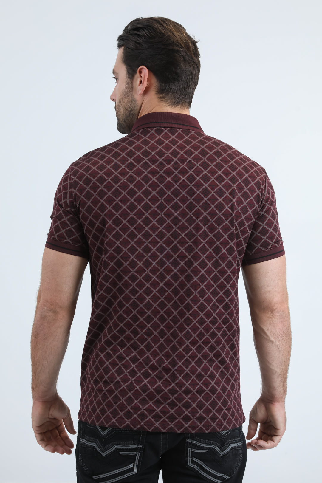 Mens Modern Fit Stretch Cotton Burgundy Polo with Aztec Print