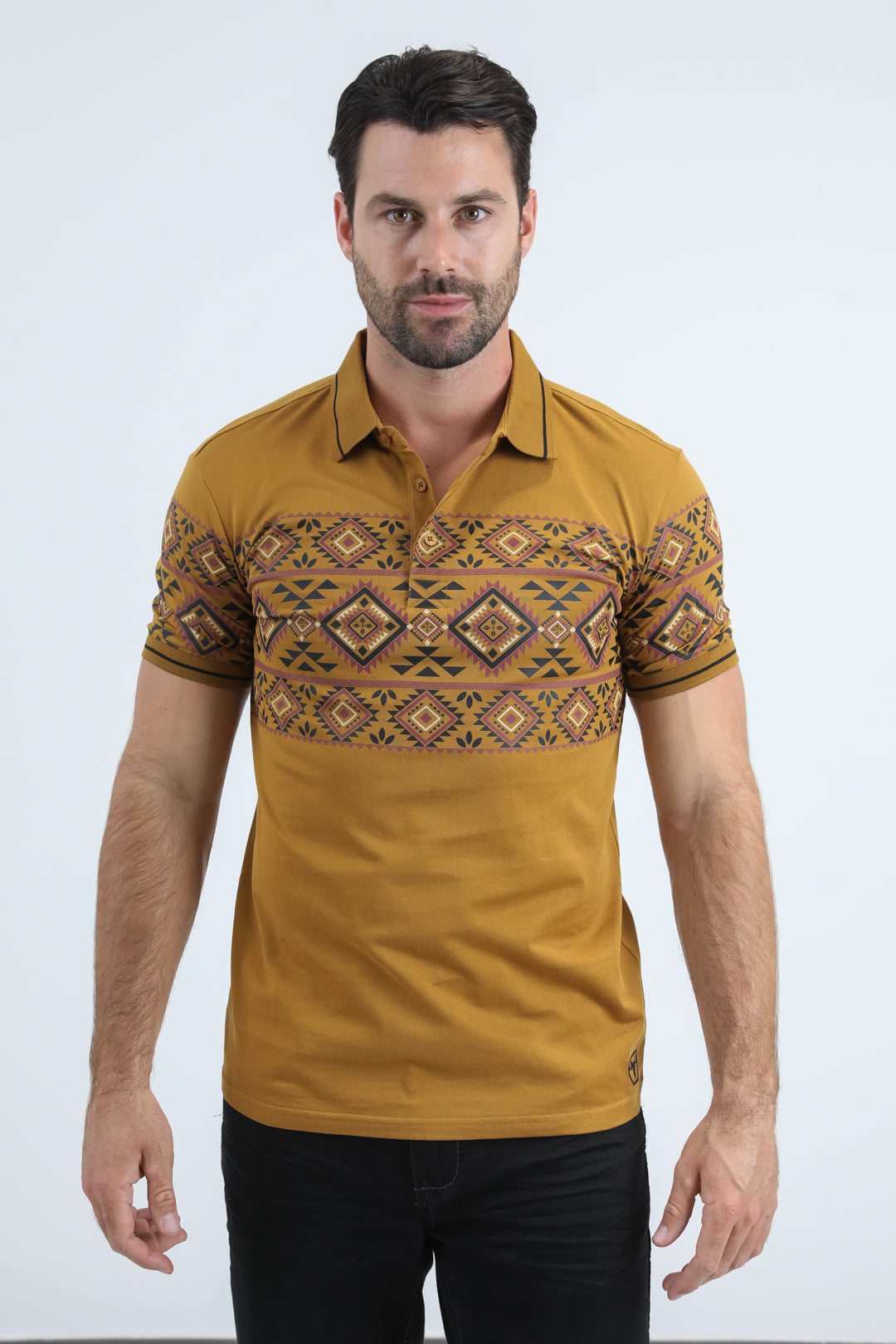 Mens Modern Fit Stretch Cotton Camel Polo with Aztec Print