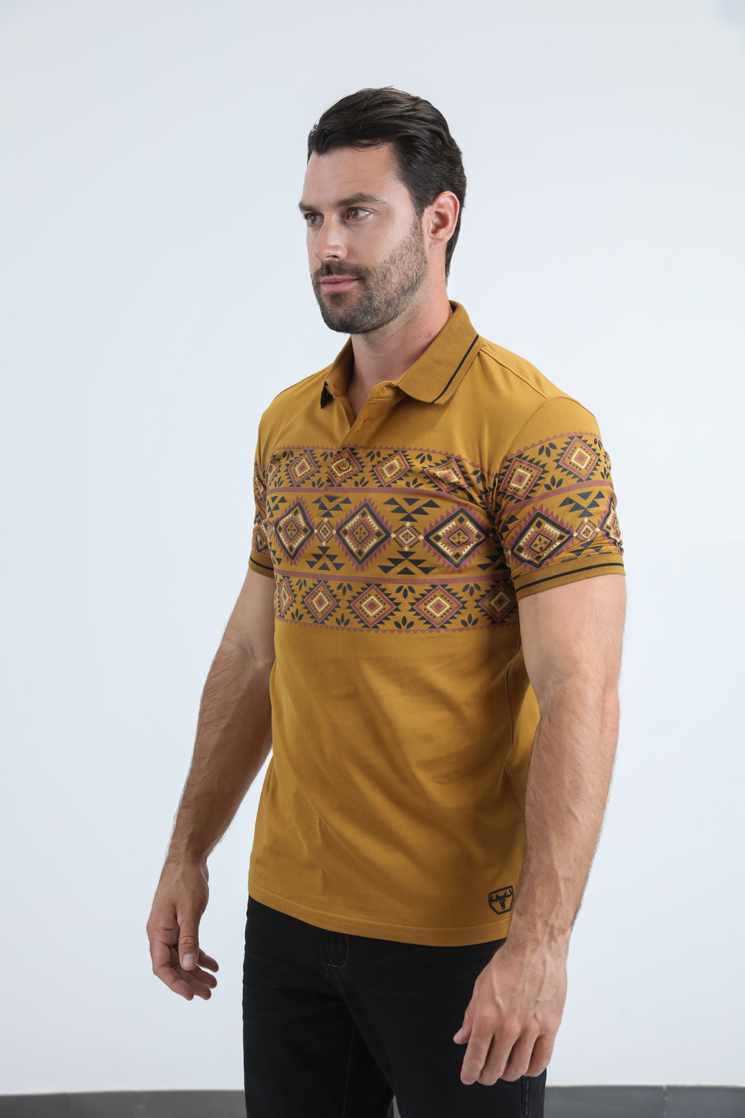 Mens Modern Fit Stretch Cotton Camel Polo with Aztec Print