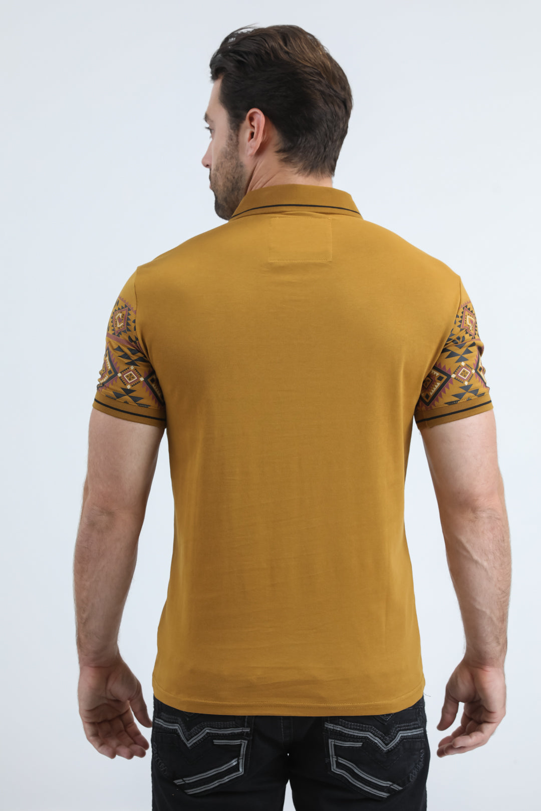 Mens Modern Fit Stretch Cotton Camel Polo with Aztec Print