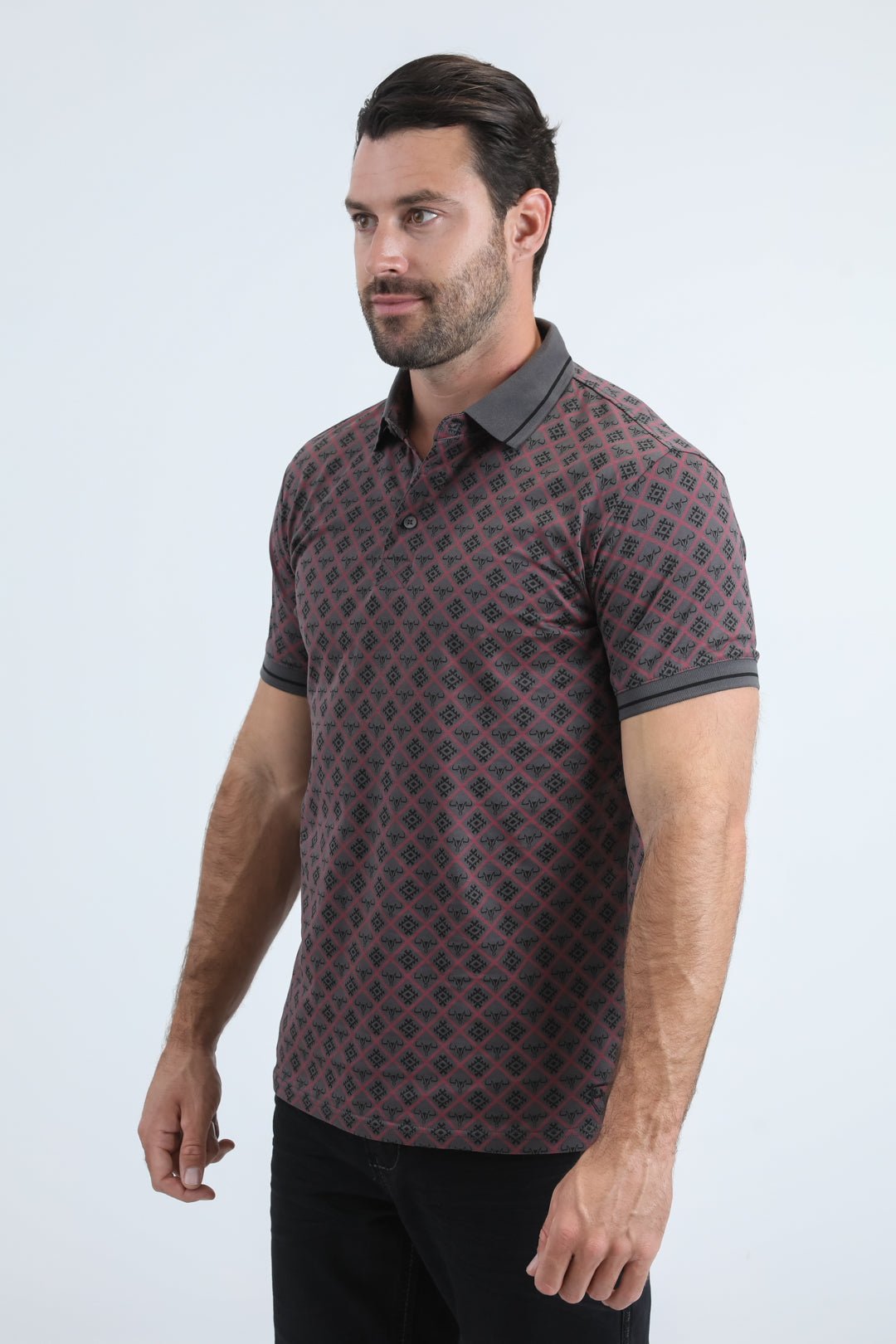 Mens Modern Fit Stretch Cotton Grey Polo with Aztec Print