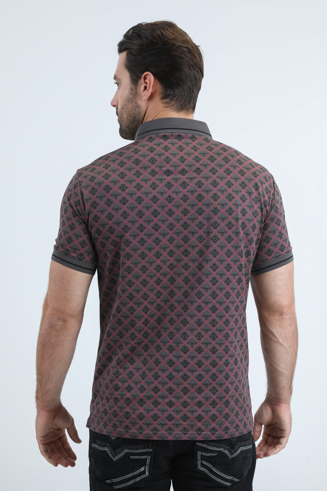 Mens Modern Fit Stretch Cotton Grey Polo with Aztec Print
