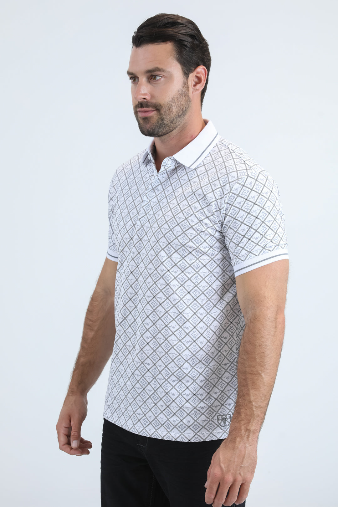 Mens Modern Fit Stretch Cotton White Polo with Aztec Print