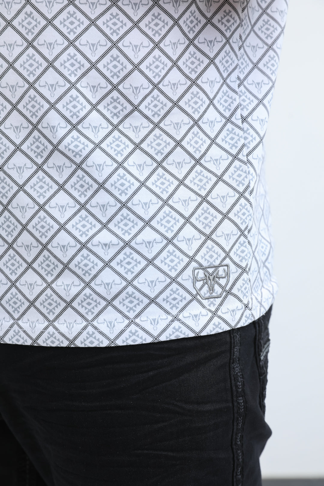 Mens Modern Fit Stretch Cotton White Polo with Aztec Print