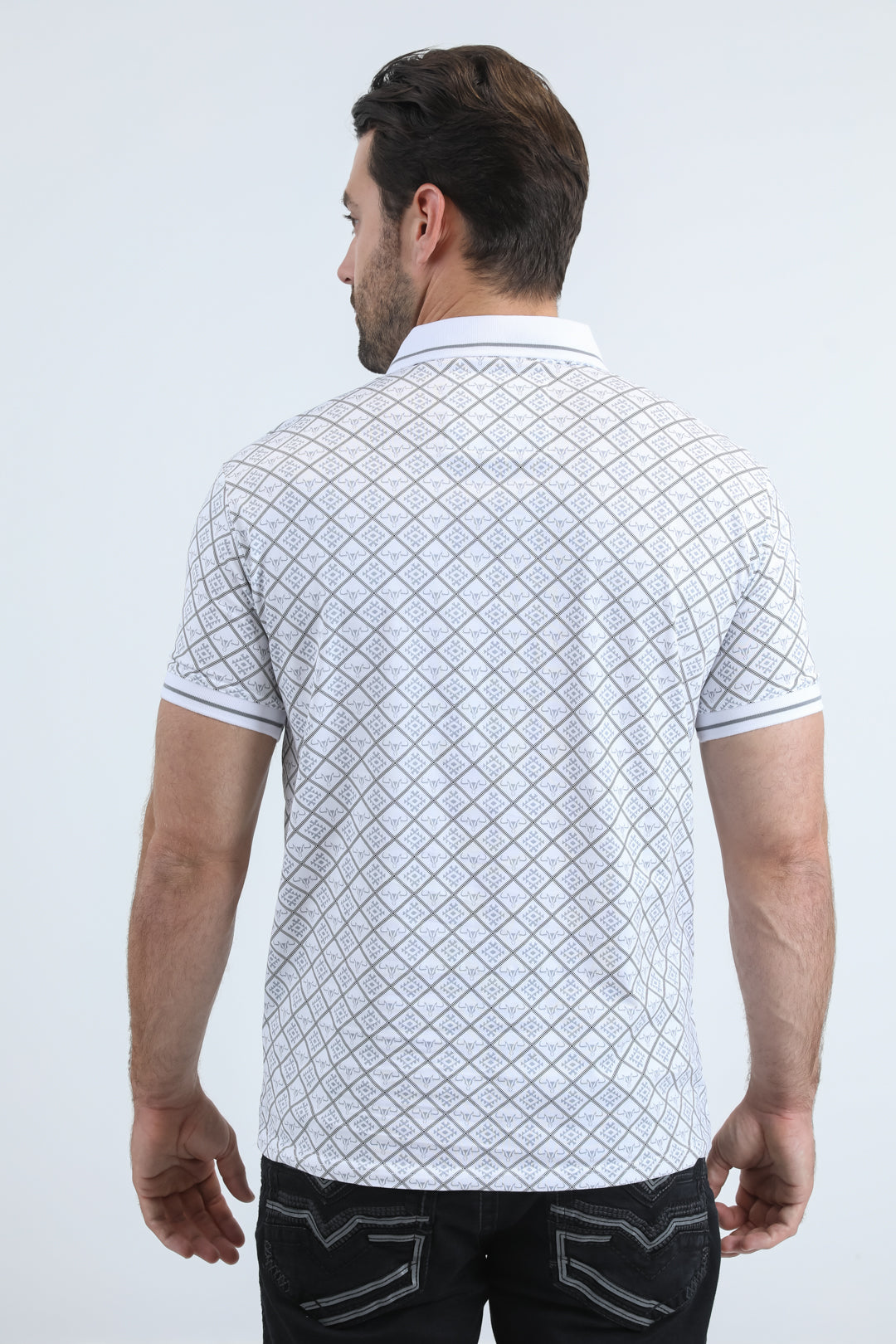 Mens Modern Fit Stretch Cotton White Polo with Aztec Print