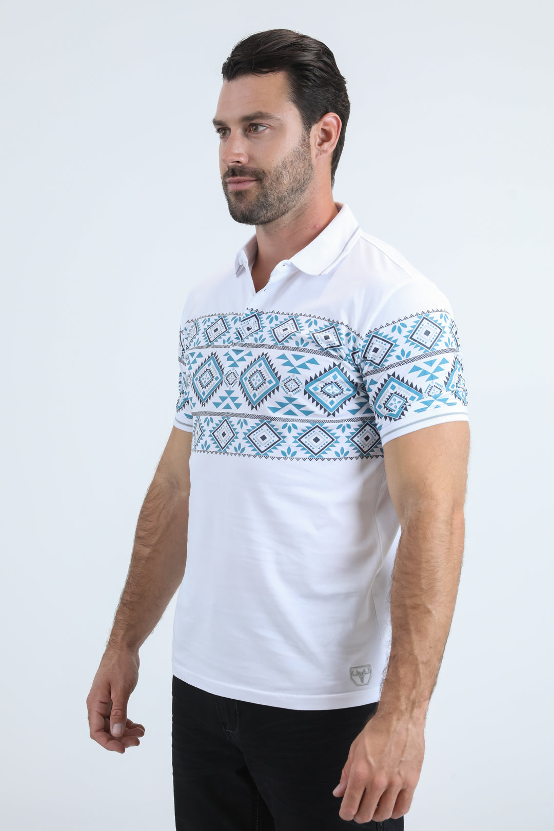 Mens Modern Fit Stretch Cotton White Polo with Aztec Print