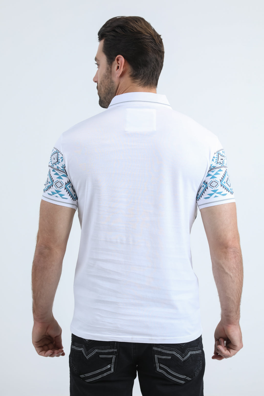 Mens Modern Fit Stretch Cotton White Polo with Aztec Print