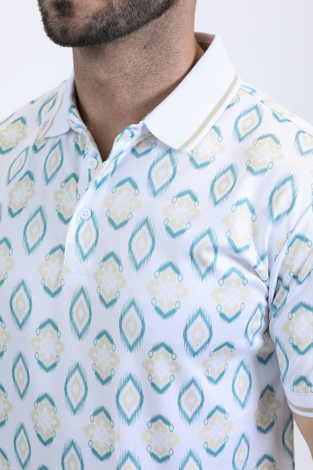 Mens Modern Fit Stretch Cotton White Polo with Aztec Print