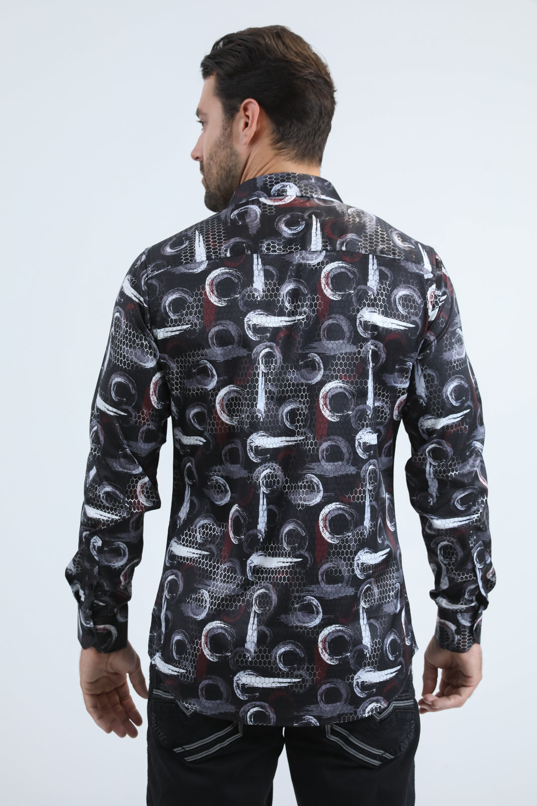 black abstract interlaced foil shirt men platini detail-2