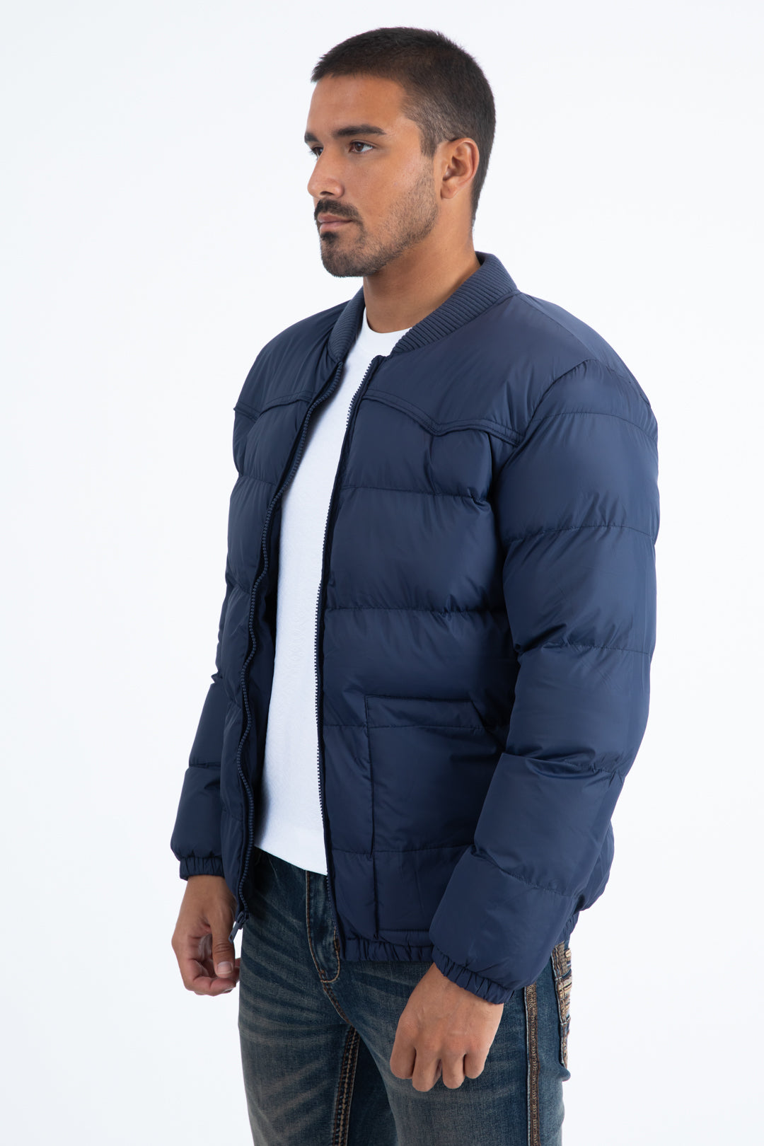 Mens Navy Bubble Jacket with Rib Collar & Cuffs