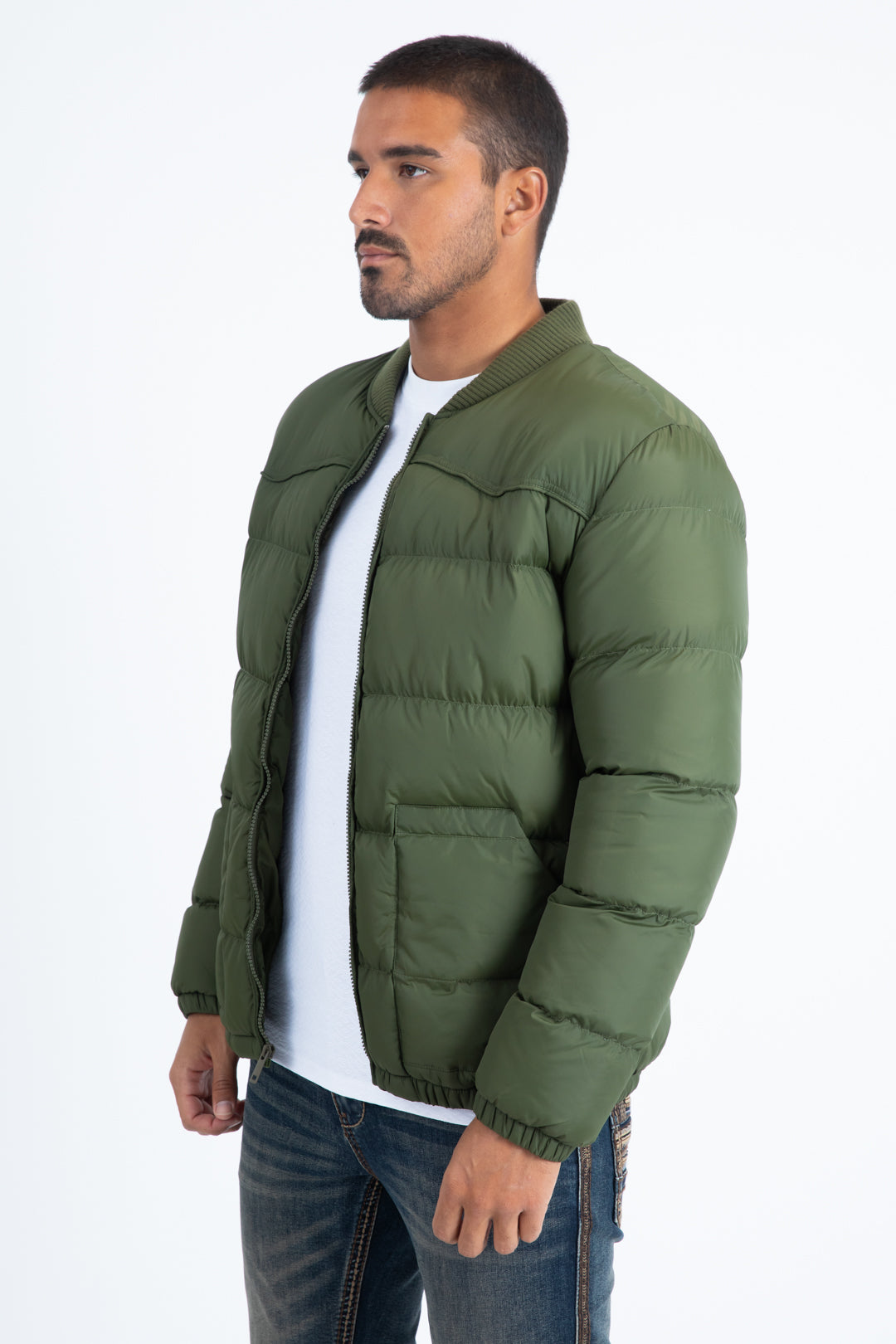 Mens Olive Bubble Jacket with Rib Collar & Cuffs
