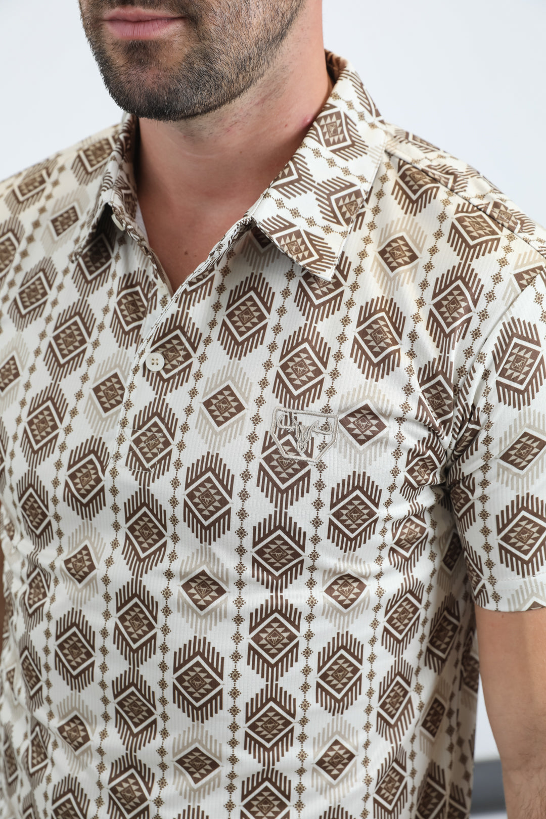 Mens Performance Fabric Modern Fit Stretch Aztec Print Beige Polo