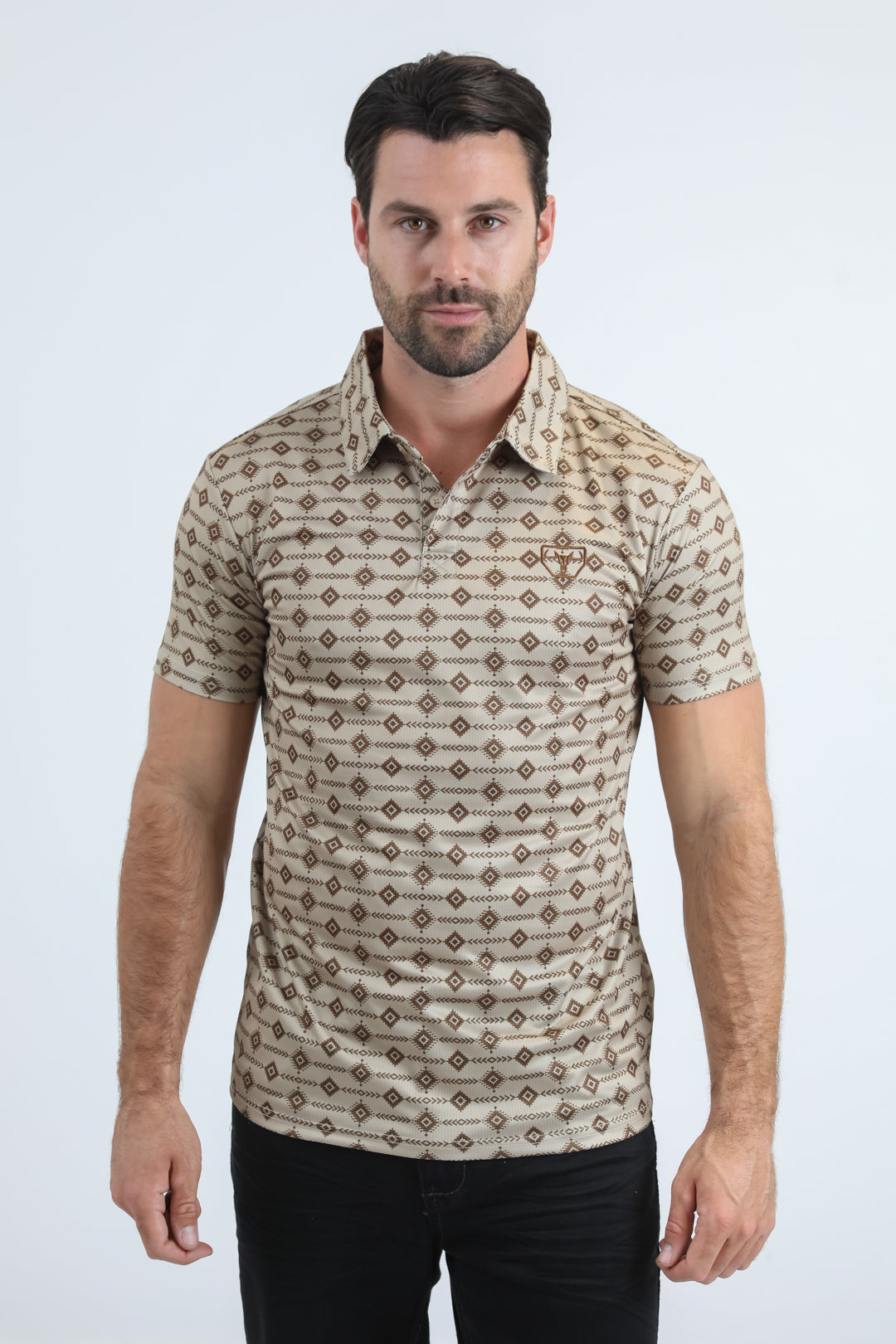 Mens Performance Fabric Modern Fit Stretch Aztec Print Beige Polo
