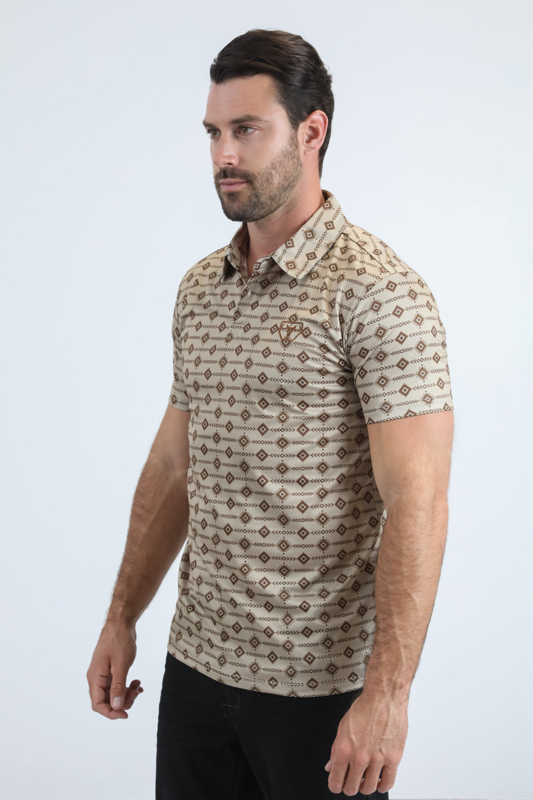 Mens Performance Fabric Modern Fit Stretch Aztec Print Beige Polo