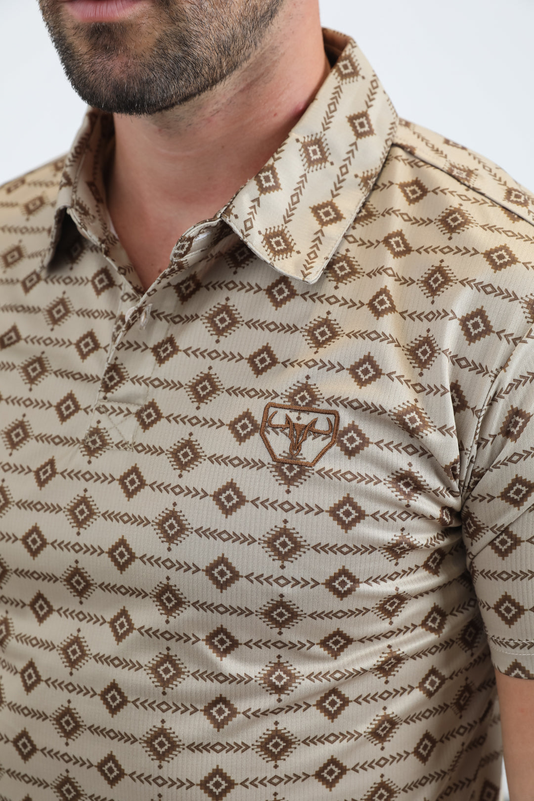 Mens Performance Fabric Modern Fit Stretch Aztec Print Beige Polo