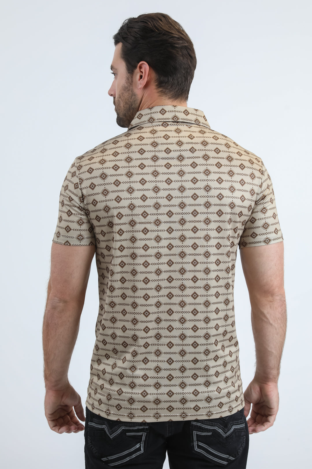 Mens Performance Fabric Modern Fit Stretch Aztec Print Beige Polo