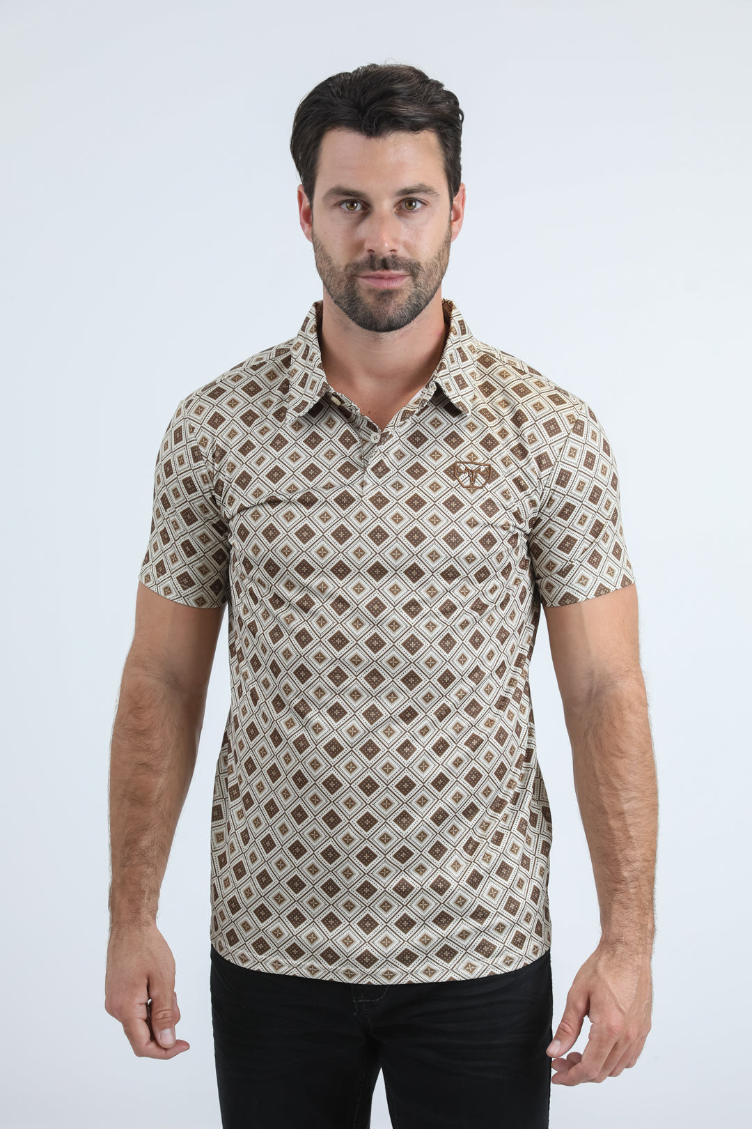 Mens Performance Fabric Modern Fit Stretch Aztec Print Beige Polo