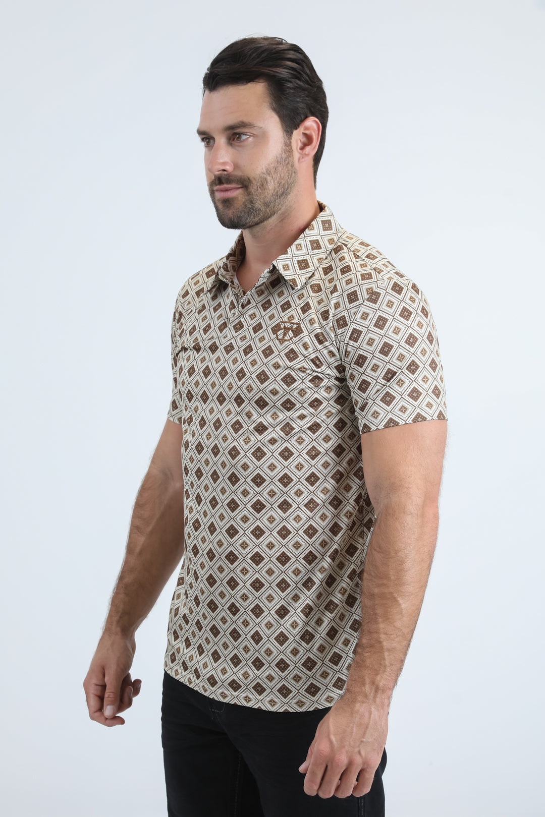 Mens Performance Fabric Modern Fit Stretch Aztec Print Beige Polo