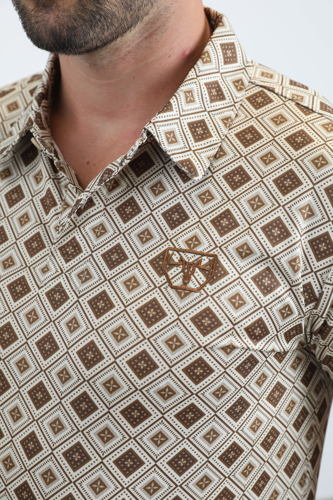 Mens Performance Fabric Modern Fit Stretch Aztec Print Beige Polo