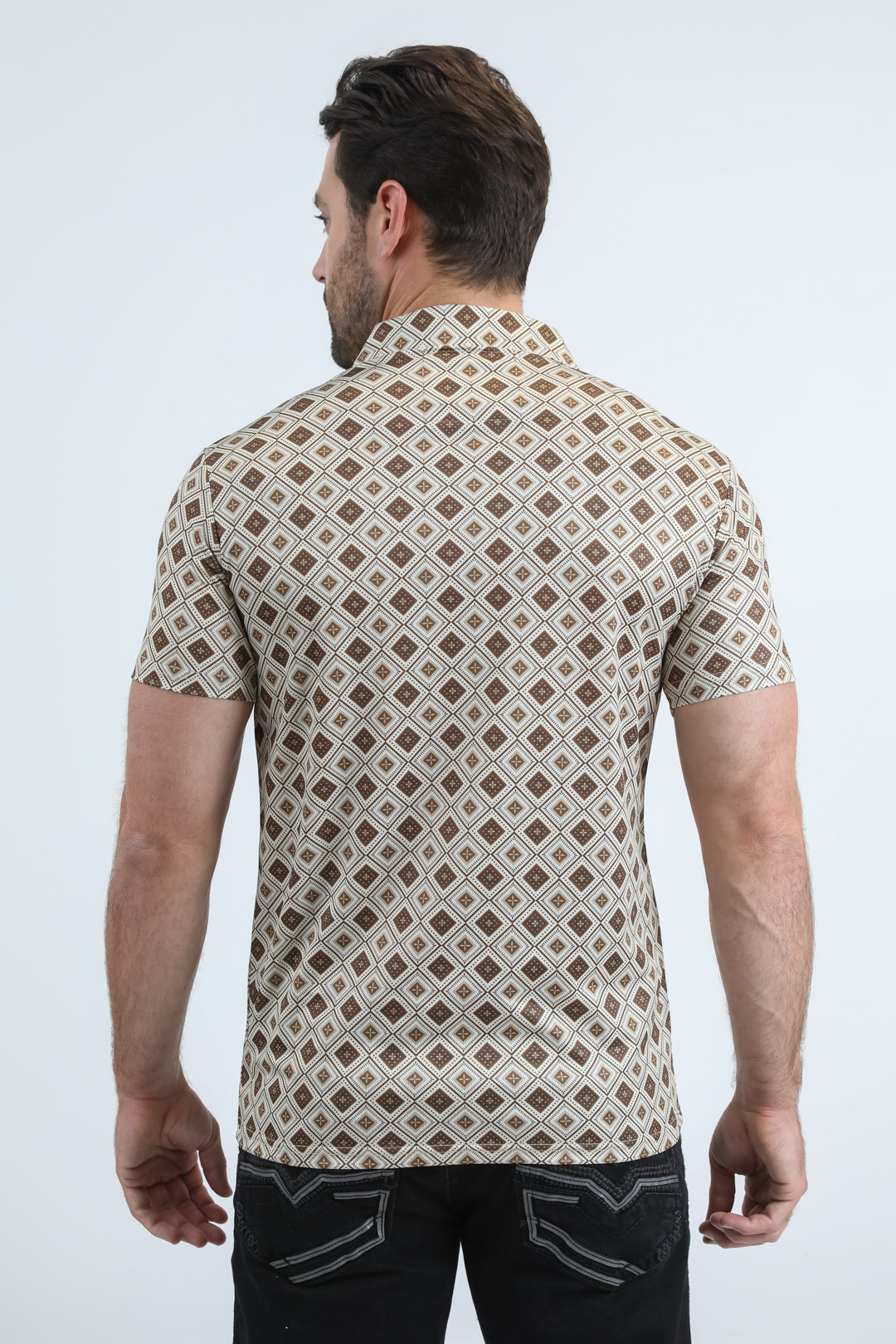 Mens Performance Fabric Modern Fit Stretch Aztec Print Beige Polo