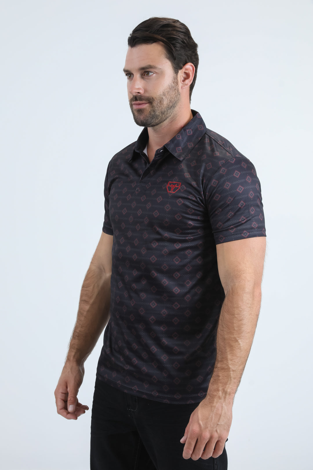 Mens Performance Fabric Modern Fit Stretch Aztec Print Black Polo