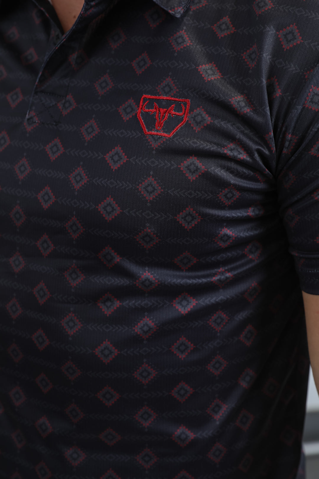 Mens Performance Fabric Modern Fit Stretch Aztec Print Black Polo