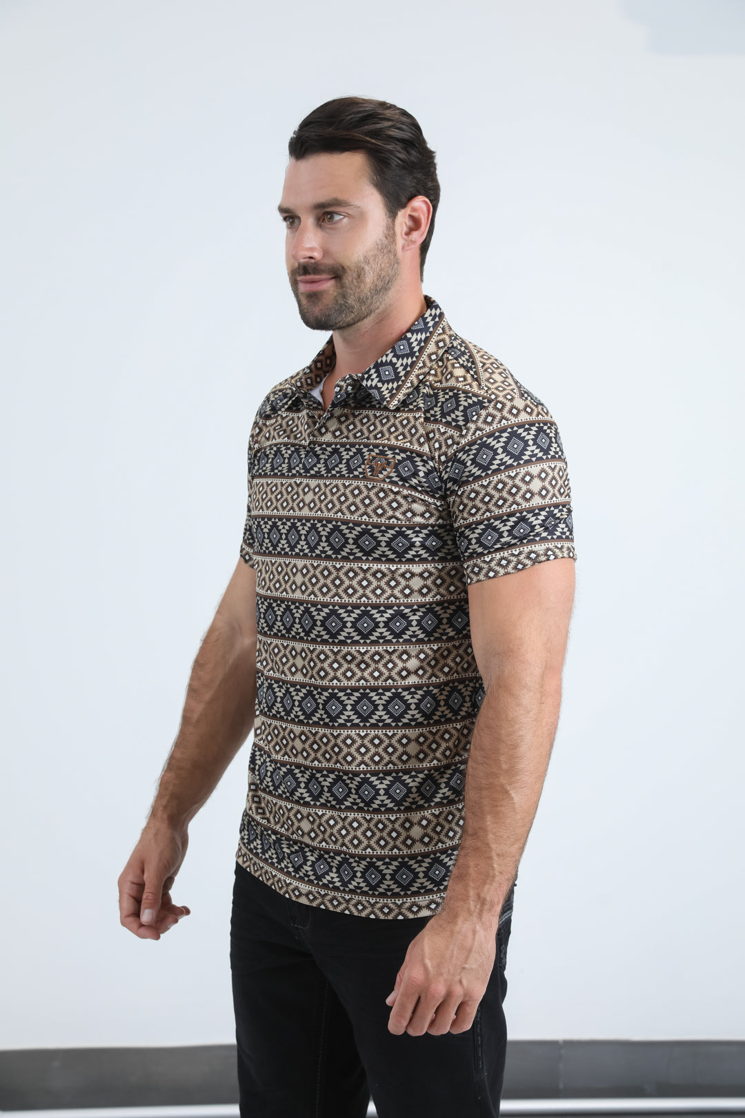 Mens Performance Fabric Modern Fit Stretch Aztec Print Black Polo