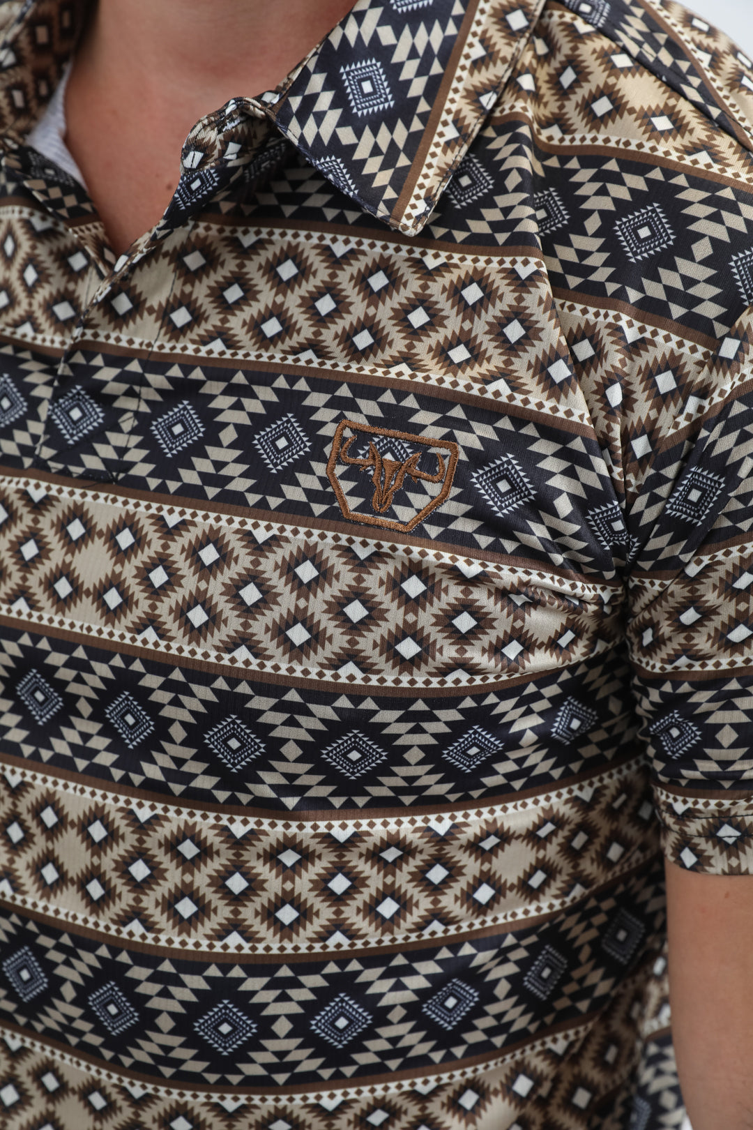 Mens Performance Fabric Modern Fit Stretch Aztec Print Black Polo