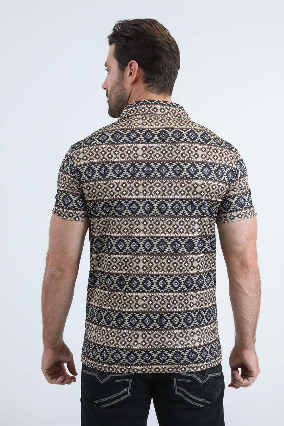 Mens Performance Fabric Modern Fit Stretch Aztec Print Black Polo