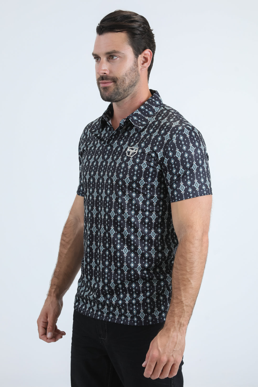 Mens Performance Fabric Modern Fit Stretch Aztec Print Black Polo