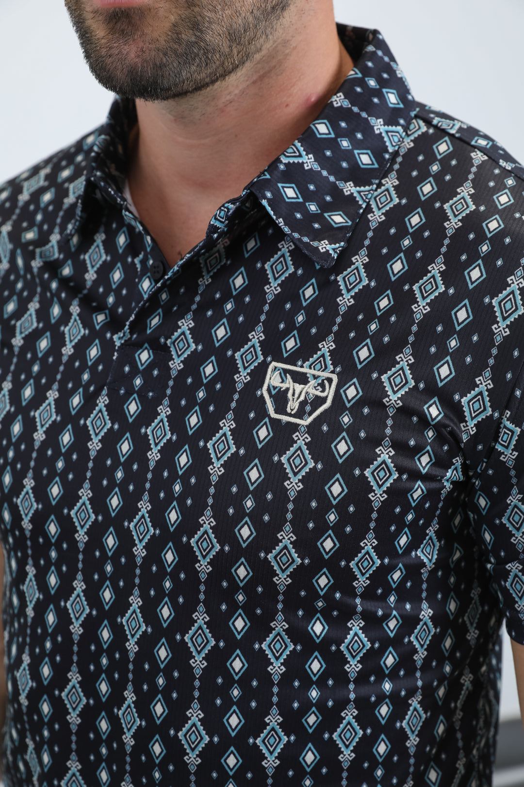 Mens Performance Fabric Modern Fit Stretch Aztec Print Black Polo