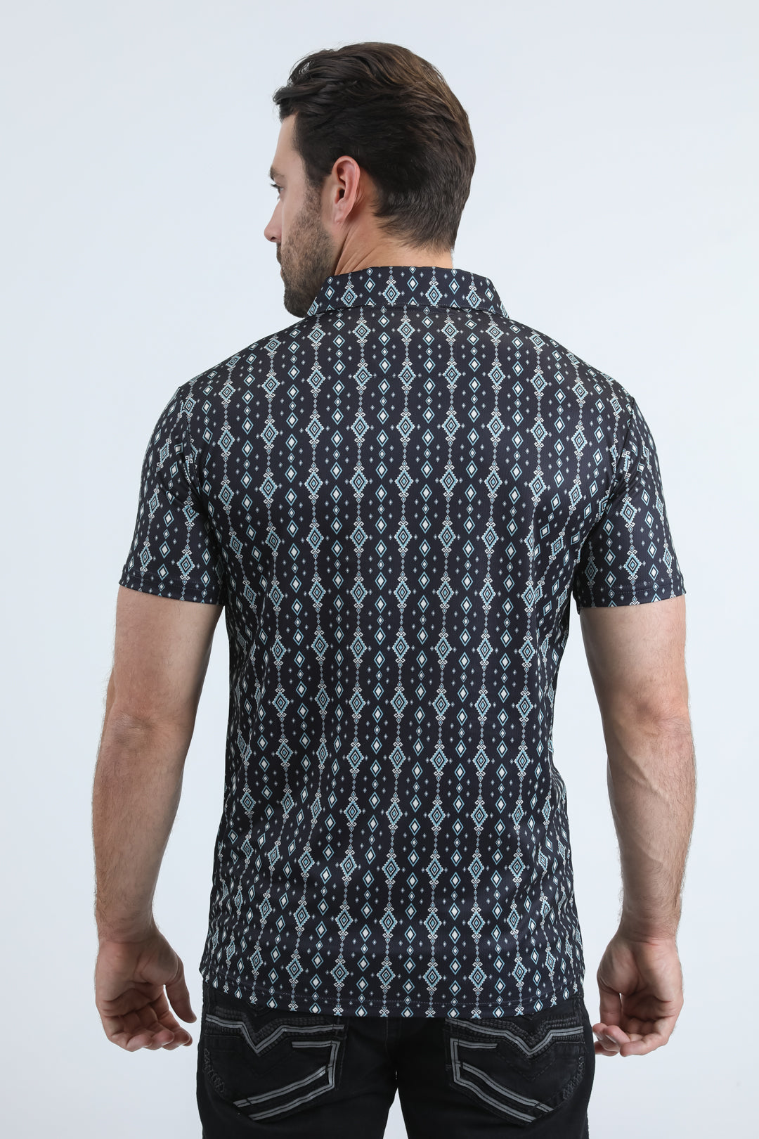 Mens Performance Fabric Modern Fit Stretch Aztec Print Black Polo