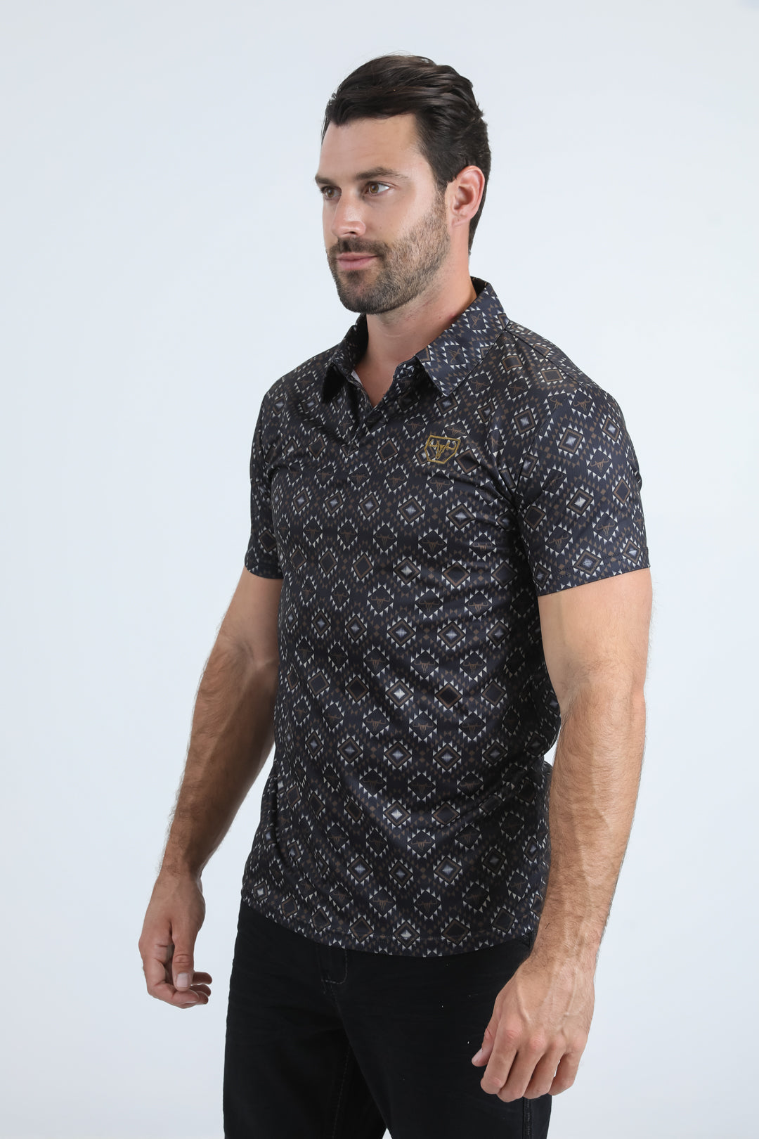 Mens Performance Fabric Modern Fit Stretch Aztec Print Black Polo