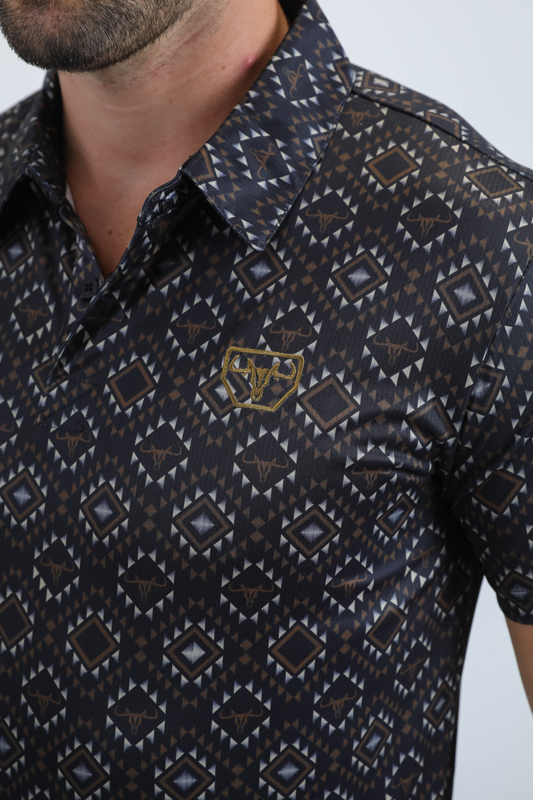 Mens Performance Fabric Modern Fit Stretch Aztec Print Black Polo