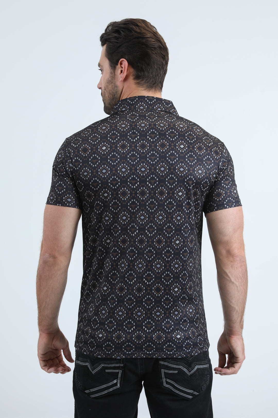 Mens Performance Fabric Modern Fit Stretch Aztec Print Black Polo