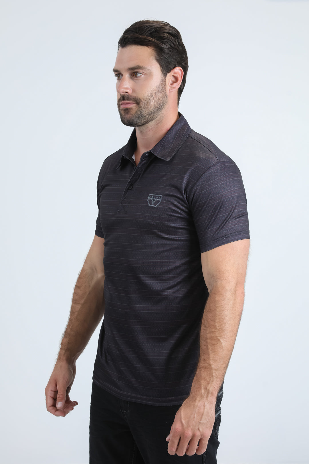 Mens Performance Fabric Modern Fit Stretch Aztec Print Black Polo