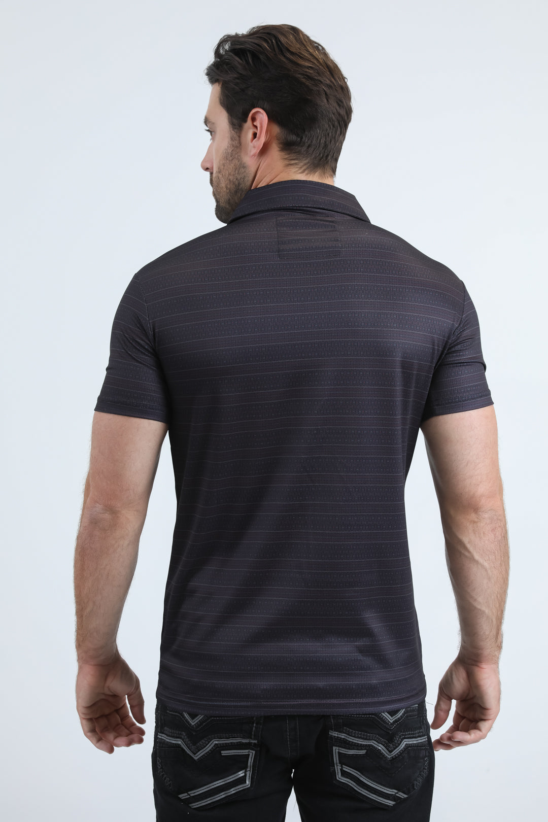 Mens Performance Fabric Modern Fit Stretch Aztec Print Black Polo