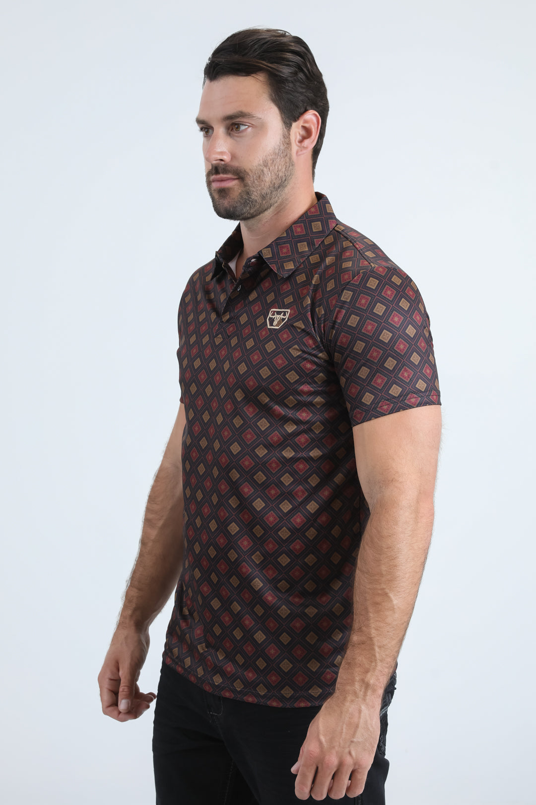 Mens Performance Fabric Modern Fit Stretch Aztec Print Black Polo